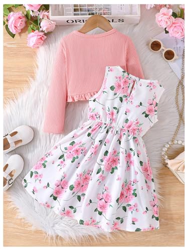WDIRARA Toddler Girl's 2 Piece Set Frill Cardigan Floral Sleeveless A Line Dress Outfits2