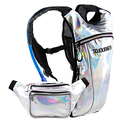 Holographic Rave Fanny Pack (Holographic Silver) + Sojourner Rave Hydration Pack Backpack (2 Pocket Holographic Silver) Bundle Holographic Rave Fanny Pack (Holographic Silver) + Sojourner Rave Hydration Pack Backpack (2 Pocket Holographic Silver) Bundle