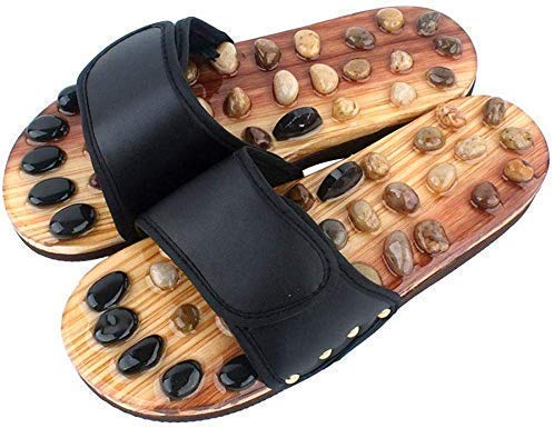 Natural Pebble Jade Stone Fitness Acupressure Wooden Slipper for Men and Women - Free Size