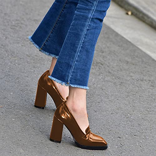 Image of FOWT Dressy High Block Heels Loafers for Women Classical Square Toe Pumps Comfortable Slip On Walking Shoes School Uniform Goth Oxfords US Size 4-16 M