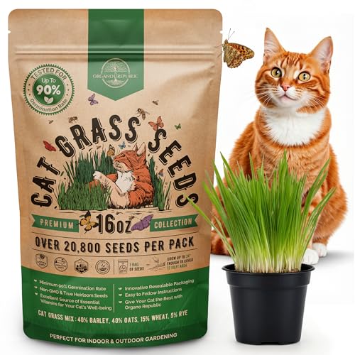 Organo Republic Cat Grass Seeds Mix - 20 800 Non-GMO Heirloom Seeds for Cats & Pets 16 oz Pack for Growing Fresh Barley Oat Rye & Wheat Grass Seeds for Planting Indoor Plants Hairball Remedy