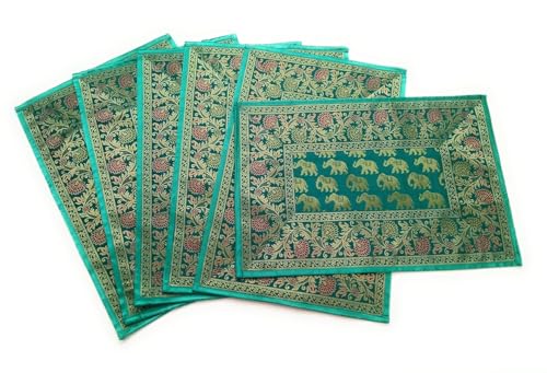 Image of Diwali Room Decor Silk Table Runner Placemats Tea Coaster Set for Living Room 4 to 6 Seater Dinning Table Table Mat Set Centre Table Top Decor Pack of 13 Pcs (Green)