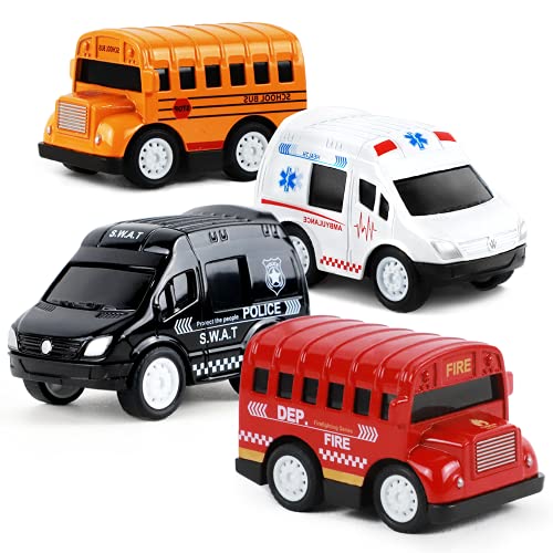 Einstem Hot Toddler Cars 4-Pack Die-Cast Vehicles, Toys for 1,2,3,4,5 Year Old Boys Girls, Pull Back Cars Wheels Playset Including School Bus, Ambulance, Police Car, Fire Truck, Cars for Toddlers 1-3