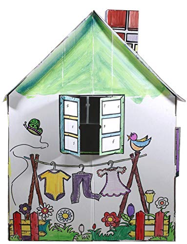 FUNTRESS Cardboard Playhouse for Kids with Markers to Color Gift for Children (49.2x35.5x52/34.2 Inch)