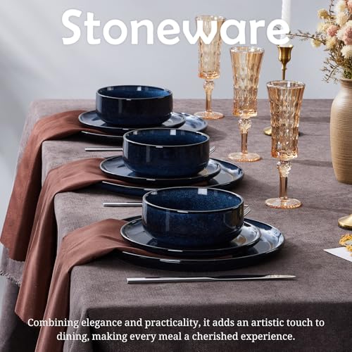 Homikit 18 Piece Dinner Set, Kitchen Stoneware Dinnerware Sets for 6 People, Included 6X Dinner Plates, 6X Side Plates and 6X Bowls, Non-Scratch, Dishwasher & Microwave Safe, Nebulas Blue - Image 5