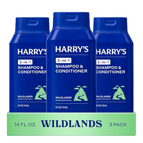 Harrys Mens 2 in 1 Shampoo and Conditioner for All Hair Types - Wildlands Scent - (3 Pack) 14 fl oz - No Parabens or Sulfates