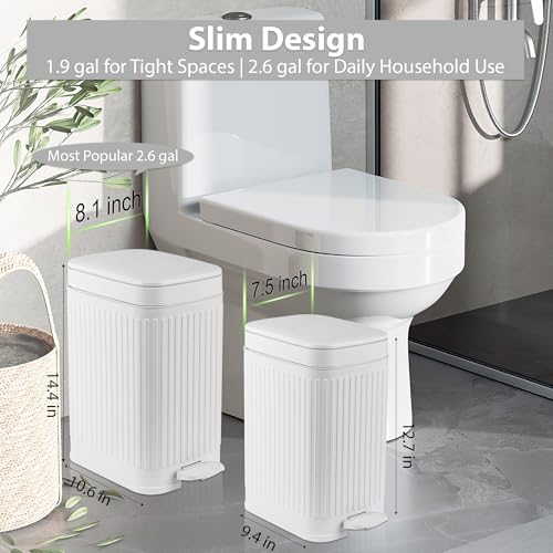 Image of rejomiik Small Bathroom Trash Can with Lid Slim Soft Close Garbage Can Step Wastebasket Container Trash Bin for Office Bedroom Kitchen Living Room (2.6 Gallon White)