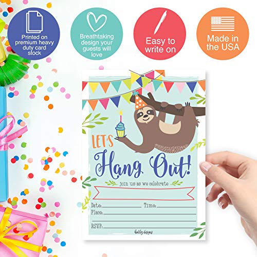 Image of Hadley Designs Kids Birthday Invitations For Boys and Girls Sloth Theme - 25 Sloth Birthday Party Invitations For Boys, Let's Hang Out Invites For Girls, Cute Animal Party Supplies, Made In USA