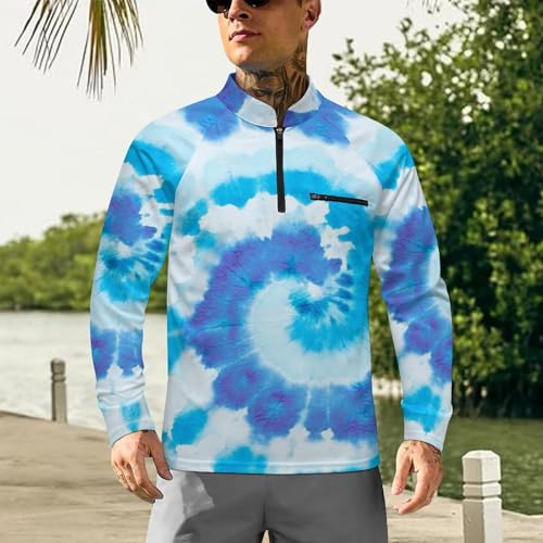 Mens Long Sleeve Mesh Fishing Shirts Teal Tie Dye Blue Swirl Rash Guard Fishing Tshirt Sun Protection Tee2