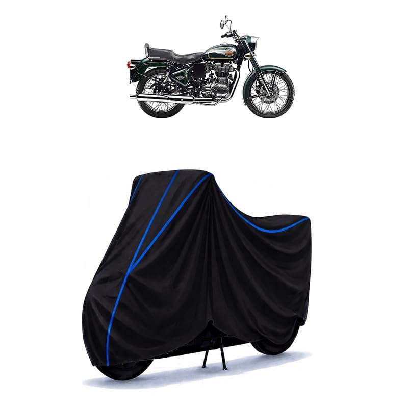 Image of Classic Bullet 500 Bike Cover Water Resistant Universal Motorcycle Rain | Heavy Duty UV Protection, Dust, Scratch Indoor Outdoor All Weather with Black Blue Piping Elastic