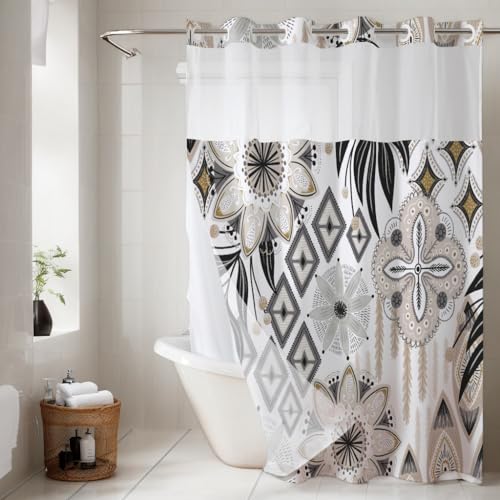 Besaomeom No Hook Boho Farmhouse Floral Shower Curtain with Snap Liner, Abstract Waterproof Curtain Double with Mesh Top Window, Modern Decor for Luxury Hotel Grade Bathroom 71" X 74"