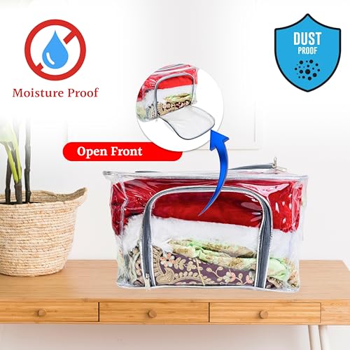 Image of Trendifly transparent clothes organiser Bag | wardrobe bedroom storage organizer box | Moisture Dust proof | 2 side Opening with zipper Undergarments Jeans Blankets Shirts Saree (42 * 32 * 28) (1)