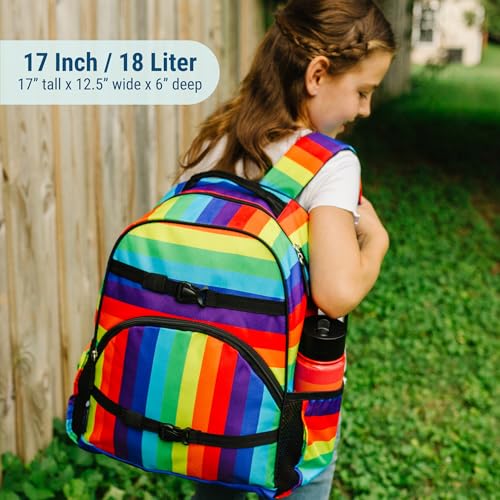 Image of Wildkin Kids Backpack for Boys & Girls, ECO rPET Recycled Lightweight 17 inch Large Bookbag with Padded Straps - Ideal for Middle School, Travel & Daycare, Ages 7-14 - Rainbow Stripe