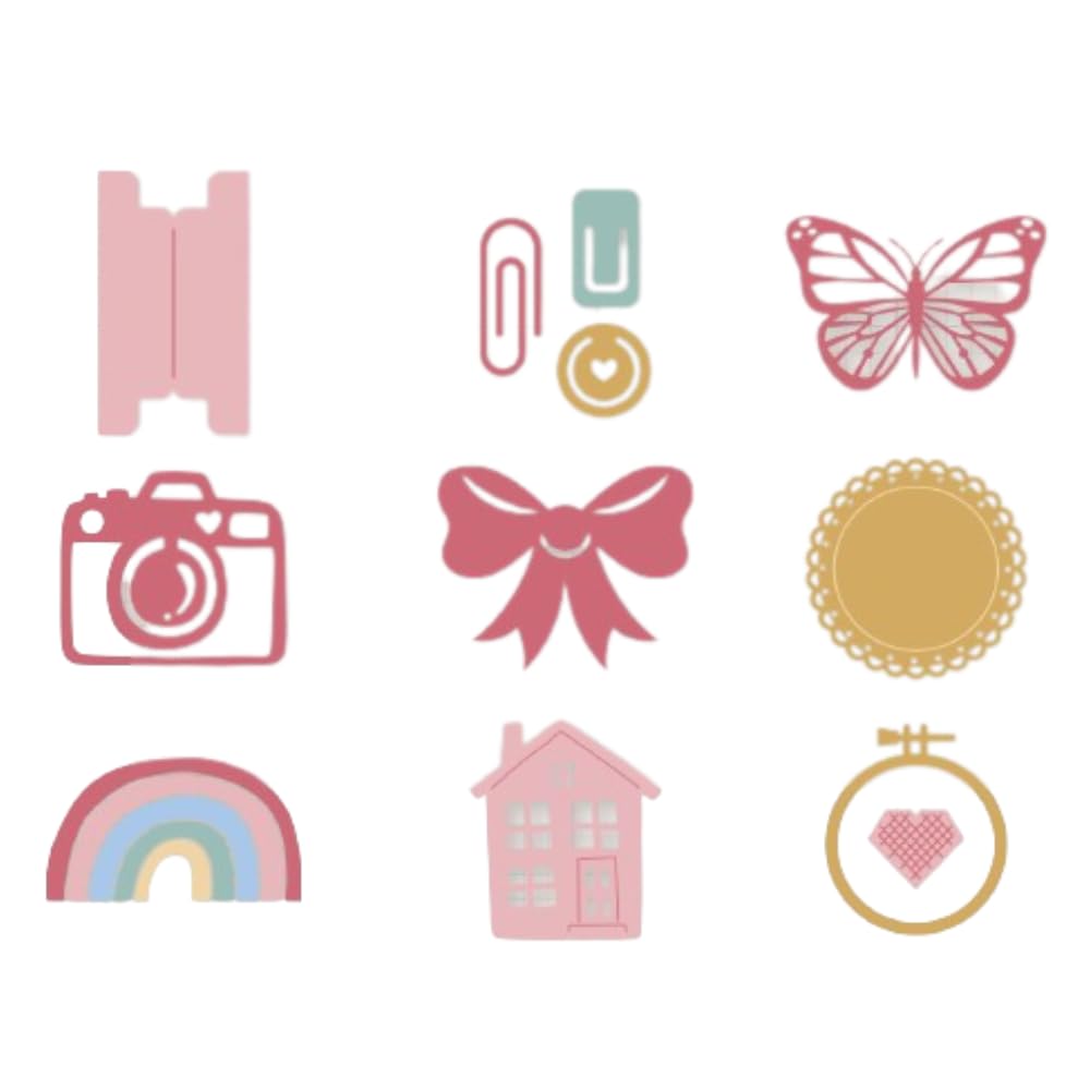 Craftelier - Set de 9 Troqueles Mini Básicos para Cualquier Temática | Incluye Troqueles con Forma de Clips, Mariposa, Lazo, Cámara de Fotos, Tab, Blonda, Bastidor, Arcoíris y Casita