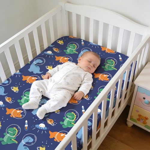 Image of JISEN Baby Fitted Crib Sheets for Boys Girls 52x28 Inch Space Dinosaurs