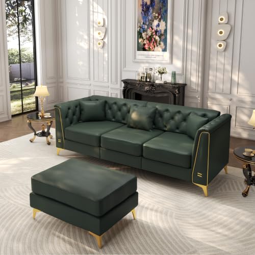 Image of KEIKI 82 inch Faux Leather Chesterfield Sofa with Handmade Button Tufted, Green | Luxury Modern 3-Seater Couch with Metal Trim Armrests & High Resilience Cushion & 1 Ottoman & 3 Pillow, for Living Room