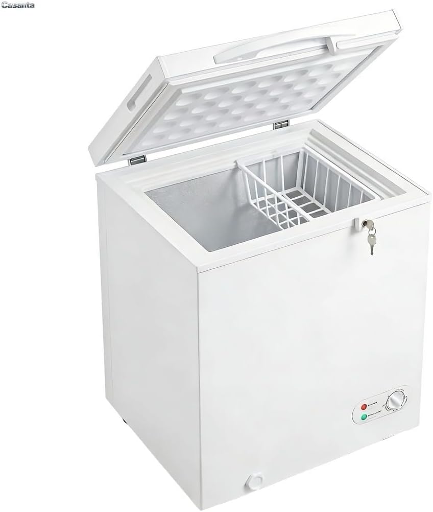 Compact Chest Freezer, Deep Freeze with 7 Adjustable Temperature Modes, Energy Efficient Small Stand Alone Freezer with Basket, Ice Shovel, Wheels & Lock, Ready for Apartment Dorm, White