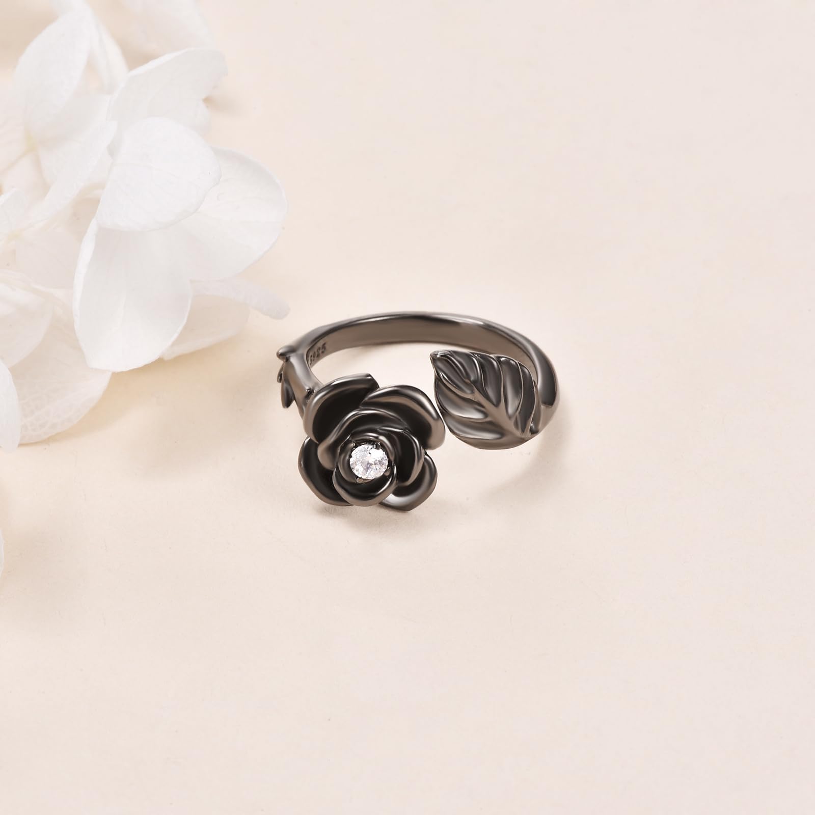 Anello a forma di fiore di rosa, per donna, in argento Sterling 925, con pistola placcata in nero, per mamma e moglie, Normal, Argento sterling, Nessuna pietra preziosa
