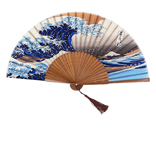 1SourceTek Kanagawa Sea Waves Landscape 8.27"(21cm) Folding Hand Held Fan - with a Fabric Sleeve Protection For Gifts - Japanese Vintage Retro Style Cover