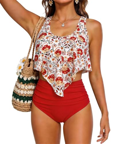 Image of Women High Waisted Bikini Swimsuit Flounce Vintage 2 Piece Bathing Suits