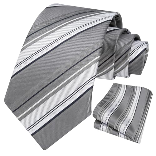 Image of HISDERN Stripe Tie Mens Ties with Pocket Square Set Classic 3.4'' Silk Formal Necktie Handkerchief for Business Wedding