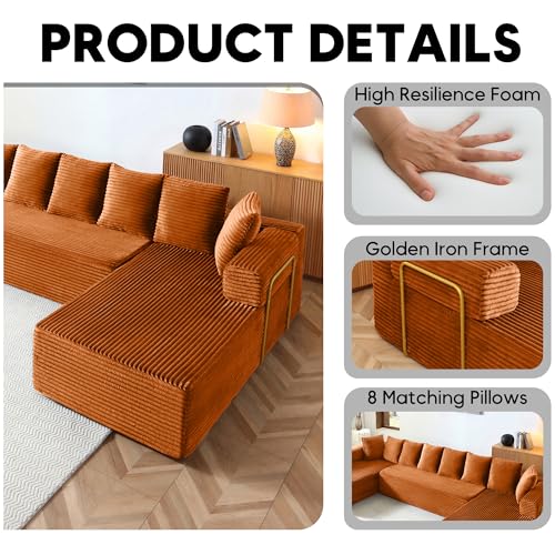 Image of Oversized Cloud Boneless Couch with Chaise, 145 inch Modern U Shape Modular Deep Seat Sectional Sofa, Comfy Corduroy Upholstered Couches for Living Room, No Assembly Required, Orange
