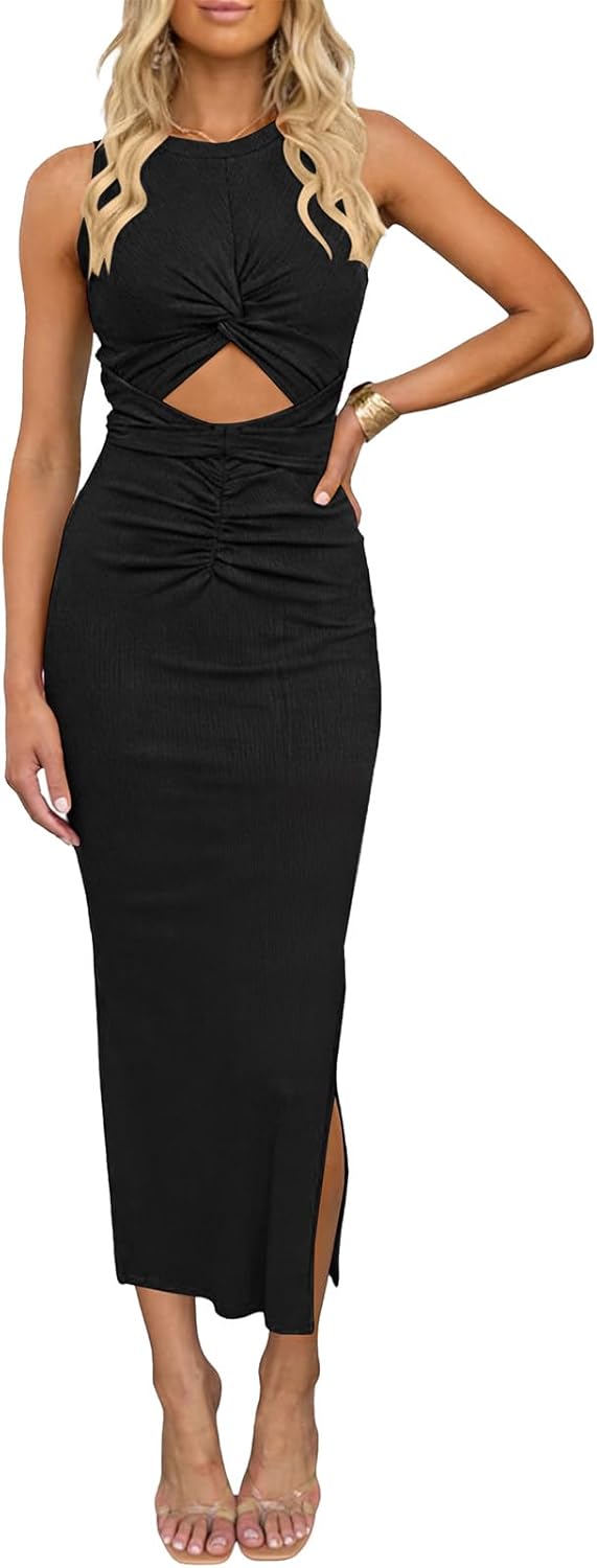 oten Women's Sexy Cut Out Ruched Bodycon Maxi Dress Sleeveless Tie Knot Slit Ribbed Party Club Night Out Dresses