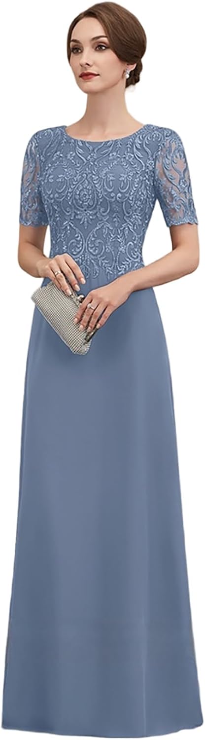 Mother of The Bride Dresses for Women - Chiffon Lace Applique Sequin A-line Floor Length Short Sleeve Wedding Guest Gown