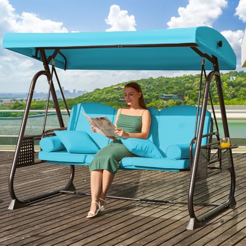 Image of 3 in 1 Outdoor Porch Swing with Adjustable Canopy, 3 Seat Outdoor Swing for Adults, Patio Swing Chair with Thickened Cushions,Pillows & Cup Holders for Backyard, Porch, Garden (Lake Blue)