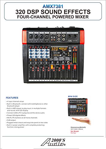 Audio2000'S Amx7381 Four-Channel Powered Audio Mixer With 320 Dsp Sound Effects, Stereo Sub Out With Sub-Out Level-Control Fader, Level-Control Faders On All Channels, And Usb/Computer Interface #TOP3