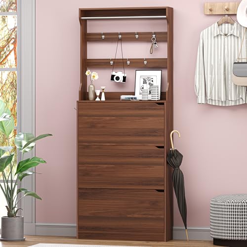 Image of BORNOON Shoe Cabinet with 3 Flip Drawers & Coat Rack, Narrow Hidden Shoe Storage Cabinet, 2-in-1 Hall Tree Slim Freestanding Shoe Rack Organizer for Entryway, Hallway, and Living Room
