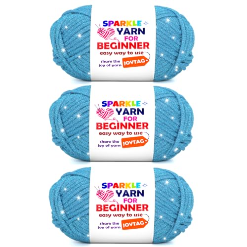 Image of 3 Pack Lake Blue Sparkle Yarn for Crocheting and Knitting,Lake Blue Metallic Glitter Crochet Knitting Yarn for Beginners with Easy-to-See Stitches Easy Yarn for Beginners Crochet Kit(3x50g)
