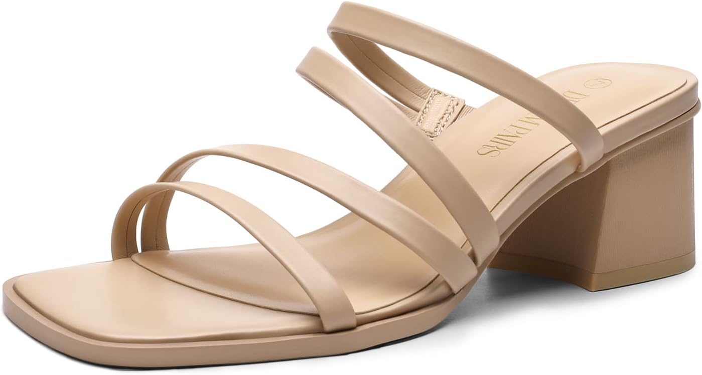 DREAM PAIRS Women's Strappy Heels Block Open Toe Low Heel Chunky Mules Sandals Dress Shoes 8.5 Nude