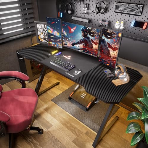 Gaming Tisch 120x60cm – Hochwertiger Carbon-PC-Tisch für Streamer & Gamer mit praktischem Kopfhörerhaken – Robuster Schreibtisch in schwarzem Design – Bild 3