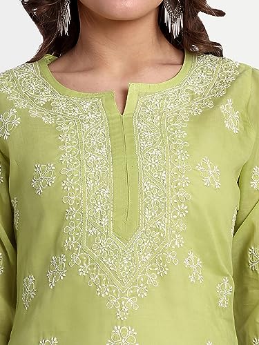 Image of Ada Hand Embroidered Lucknow Chikankari Straight Round Neck Cotton Blend Short Kurti Tunic Top for Women A911333