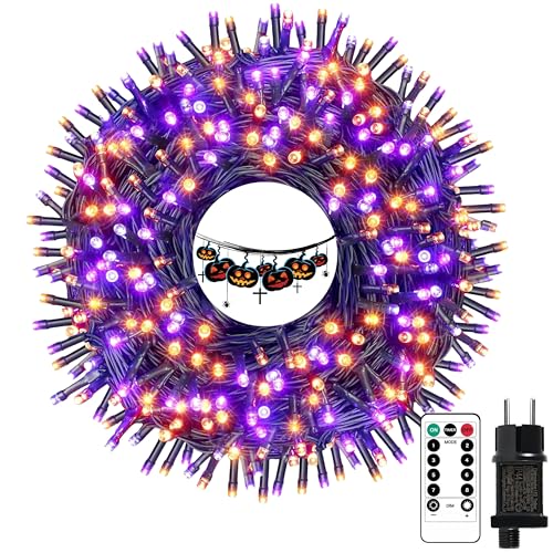 Kimuwote Halloween Catena Luminosa, 25M 200 LED Esterno Decorazione Stringa Luci 8 Modalità Impermeabile Catena di Luci Funzione Timer e Memoria per Festa, Cortile, Casa (Arancia + Viola)