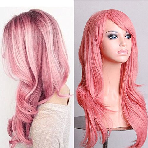 Parrucca Rosa Lunga Mossa da Donna Cosplay Halloween con Frangia Capelli Ondulati Full Wig Riccia Colorata per Travestimento Carnevale 58cm 23'