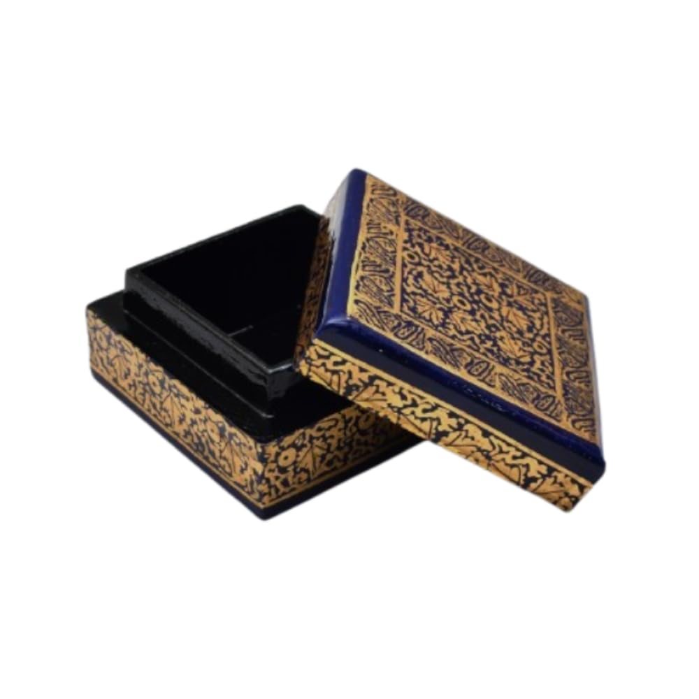 Tarang Arts Handcrafted Kashmiri Papier Mache Square Decorative Box, Blue and Gold, Floral Design, 1×3×3 inches 3