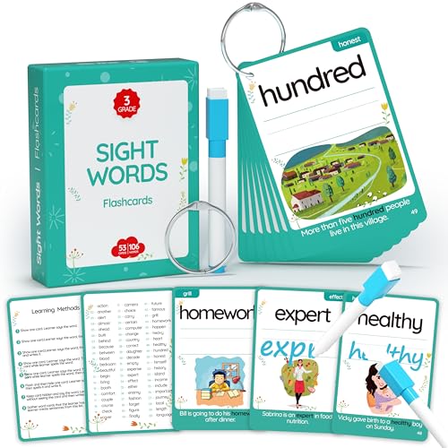 WJPC 55pcs Cards, 106Pictures High Frequency Sight Words Flash Cards 2nd, 3rd Grade (Third-Grade) for 7,8,9,10,11 Years Age Kids Homeschool Learn to Read, Write,Association, Sentence Making