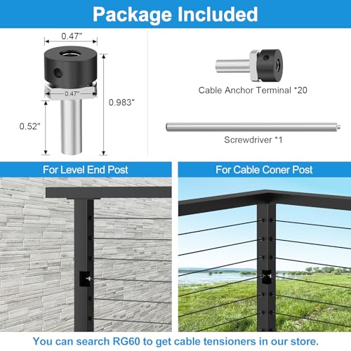 Image of 20 Pack 1 /8 inch Cable Railing End Fittings, 316 Stainless Steel Cable Railing Anchor Terminal for Metal Post, Invisible Wire Railing Kits, Black Cable Railing Kit for Corner Post, RG03