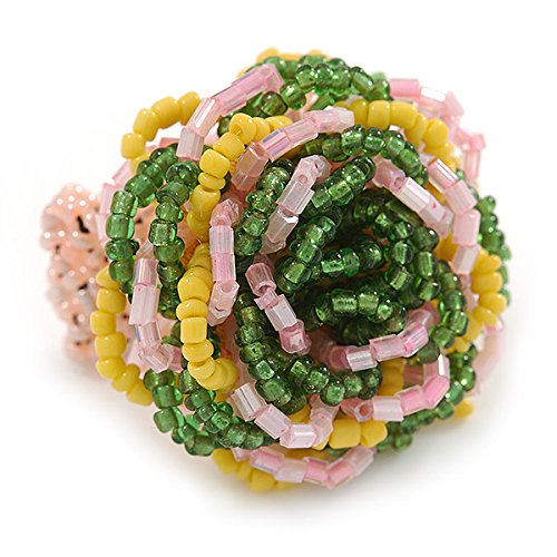 Bague élastique fleur 35 mm en perles de verre artisanales jaune rose vert de qualité