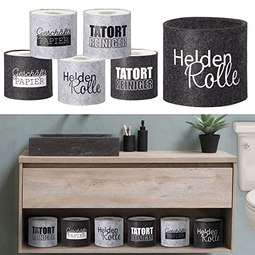 Toilettenpapier Banderole Sprüche | Filz Klettverschluss hellgrau/anthrazit/Creme | Toilettenrollenhülle Klopapier (1 x 6er Set Banderole)
