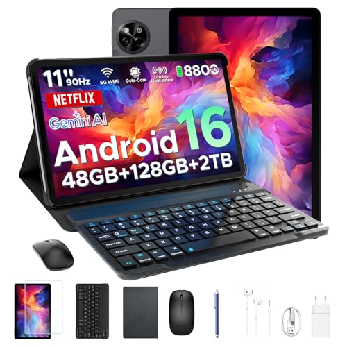 P11 Android 16 Tablet 11 Pulgadas, 48GB RAM + 128GB ROM/2TB TF, 90Hz, T7250 Octa-Core, 8800mAh, 13MP+5MP, Gemini AI, Widevine L1, Face ID, GPS, OTG, Doble altavoz, Tablet con Teclado y Lápiz, Negro