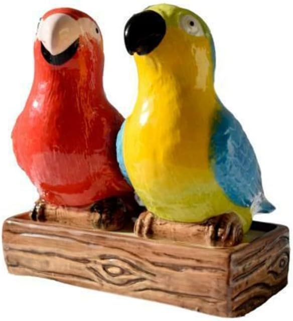 Novelty Ceramic Parrot / Macaw Cruet Set with Base - Salt and Pepper Pots / Shakers - Red, Blue, Yellow - 11.5 cm