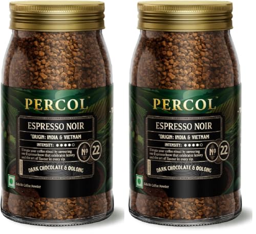 Image of PERCOL Premium Instant Coffee | Espresso Noir Blend 22 | Crafted with Premium Imported Beans | Freeze Dried | Designed in UK | 100g Jar | 100% Pure Coffee | Flavorful & Aromatic (Pack of 2)