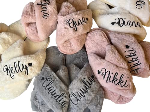 Personalized Holiday Bridal Slipper Bridesmaid Customized Gifts for her Bridal Shower Wedding Bridesmaid Fluffy Bachelorette Personalized Fluffy Slide On Girls Night Sleepover Mothers day present