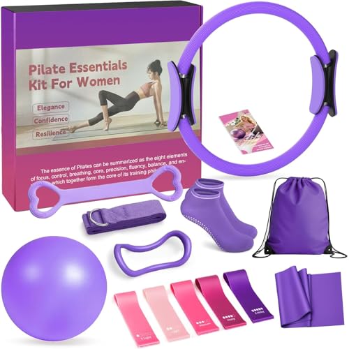 DAILIENFUS Pilates Set Pilates Ring Zubehör Set 13 Teiliges mit Yoga Ball, Yoga Gurt, Fitnessbänder, Pilates Socken, Trainingsposter & Tragbarer Tasche, Home Pilates Essential Kit für Frauen (Lila)
