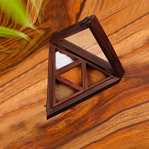 Image of Naayaab Craft Sheesham Wooden Masala Spice Box with Spoon - Anjarai Petti - Spice Box - Triangular Design