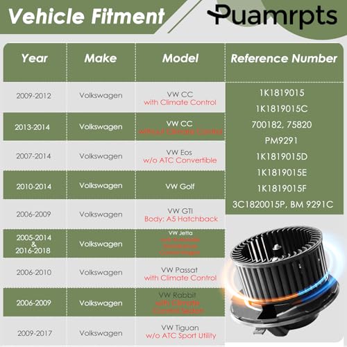 Image of AC Heater Blower Motor Compatible with - Volkswagen Vehicles - Passat 06-10, Golf 10-14, CC 09-12 (w /ATC), Replace# 1K1819015, 700182