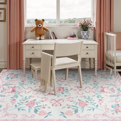 Collive Pink Floral Rugs for Girls, 5x7 Washable Bow Area Rug for Living Room, Cute Ultra-Thin Non Slip Indoor Decor Carpet for Nursery Kids Room Bedroom Playroom (Pink 5' x 7') - Image 4